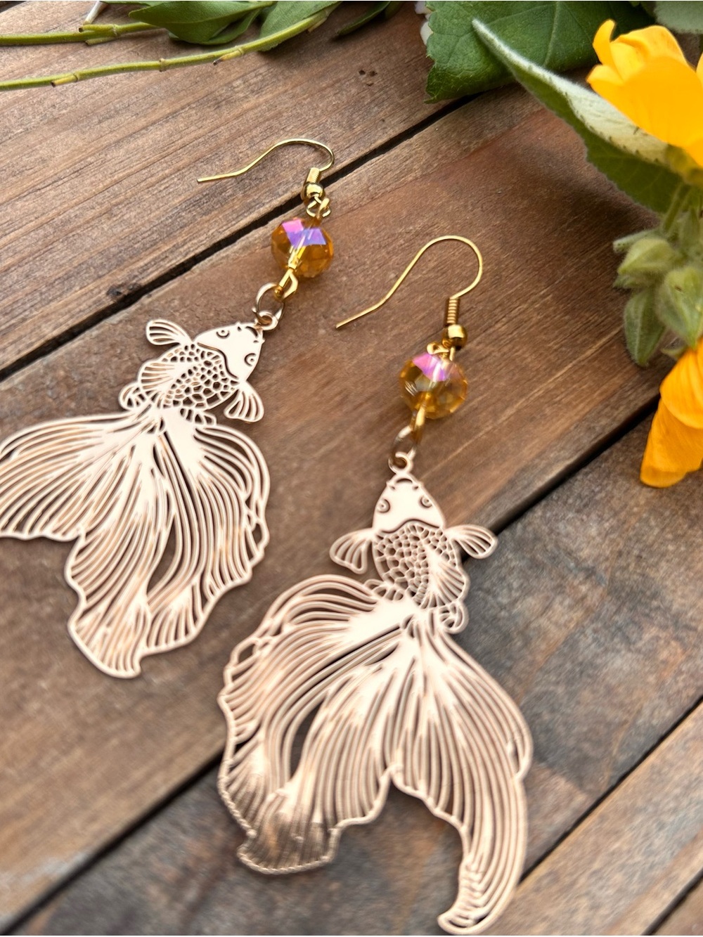 Gold Fish Filigree Dangle Earrings with Amber Bead